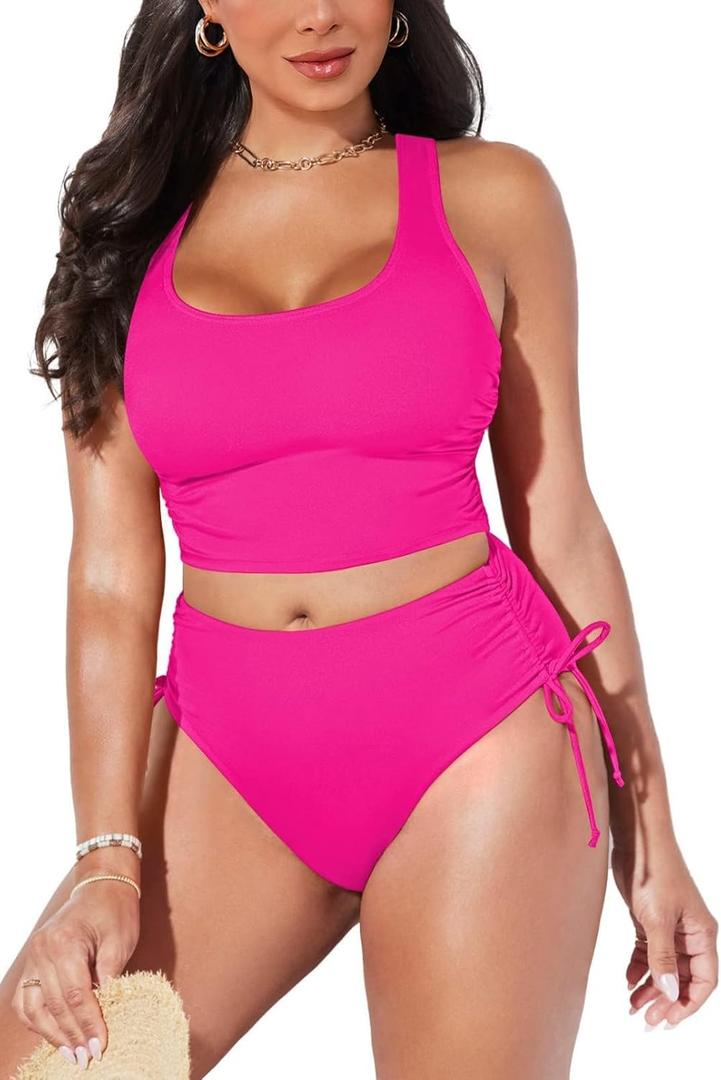 Pink Queen Women's Scoop Neck Racerback Ruched Crop Top High Waisted Bikini Sets 2 Piece Swimsuit Bathing Suit (Large)