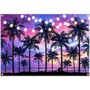 Fabric 7x5ft Purple Summer Seaside Sunset Backdrop Hawaii Beach Palm Trees Tropical Photography Background Luau Party Decorations Kids Adults Photo Banner Booth