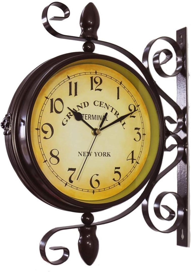 Outdoor Garden Wall Clock, Classical 360Rotation Double Sided Train Station Clock with Station Bracket Garden Clock Indoor Outdoor Decoration Outdoor Clock