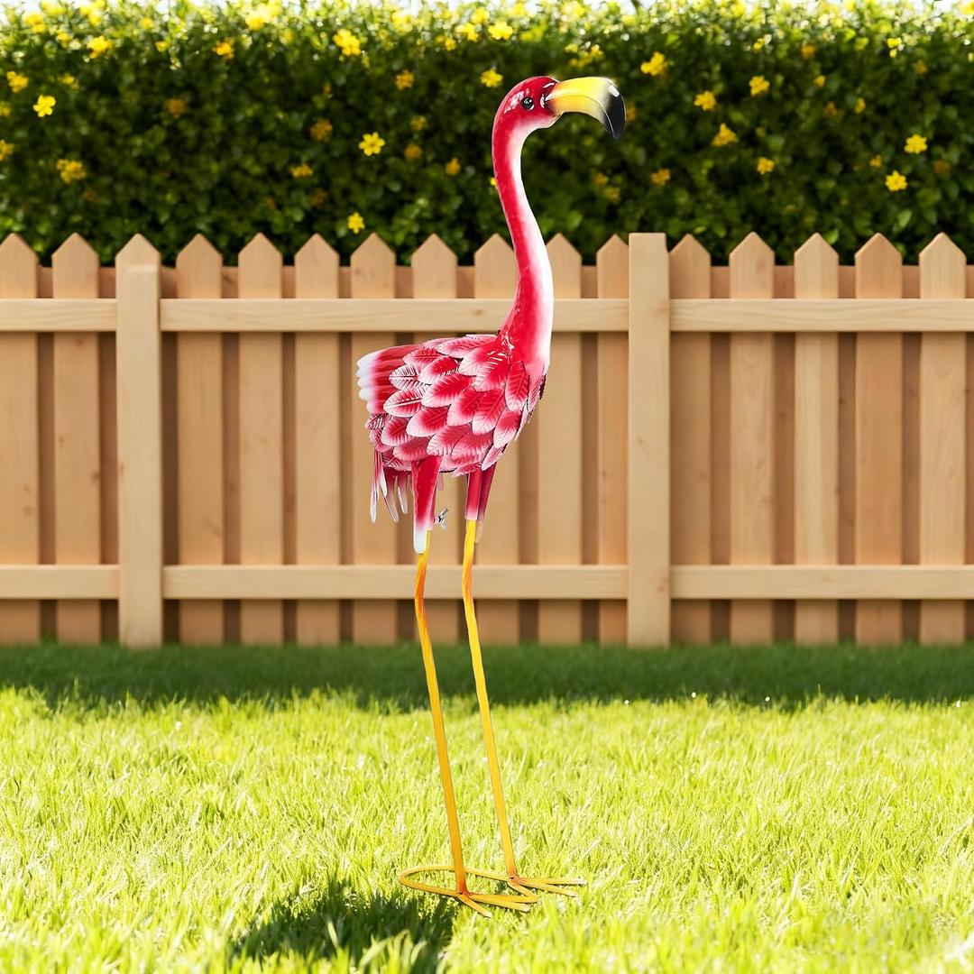 Flamingo Garden Metal Statues - Pink Flamingo Sculptures, Metal Birds Yard Art Outdoor Statue, Outdoor Backyard Decor, Patio, Porch, Lawn Ornament Large Iron Yard Decoration - 33 Inch