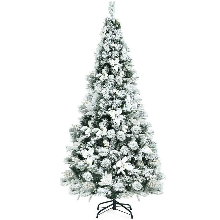 6ft Snow Flocked Hinged Christmas Tree w/Berries & Poinsettia Flowers