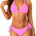 Women Halter Bikini Set - Two Piece Triangle Swimsuit Tie Bathing Suit 2025 Cute Swimwear (Small, Neon Pink)