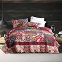 ENASAL Cotton Bedspread Quilt Sets Reversible Bedding Coverlet Sets Comforters Vintage Luxury Damask Floral Real Patchwork Burgundy Bedspread, King Size