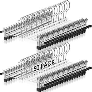 Weysat 50 Pack Pant Hangers with Clips Adjustable Metal Pants Skirt Hangers Bulk for Space Saving Heavy Duty for Clothes Jeans Closet Organizer, Silver and Black
