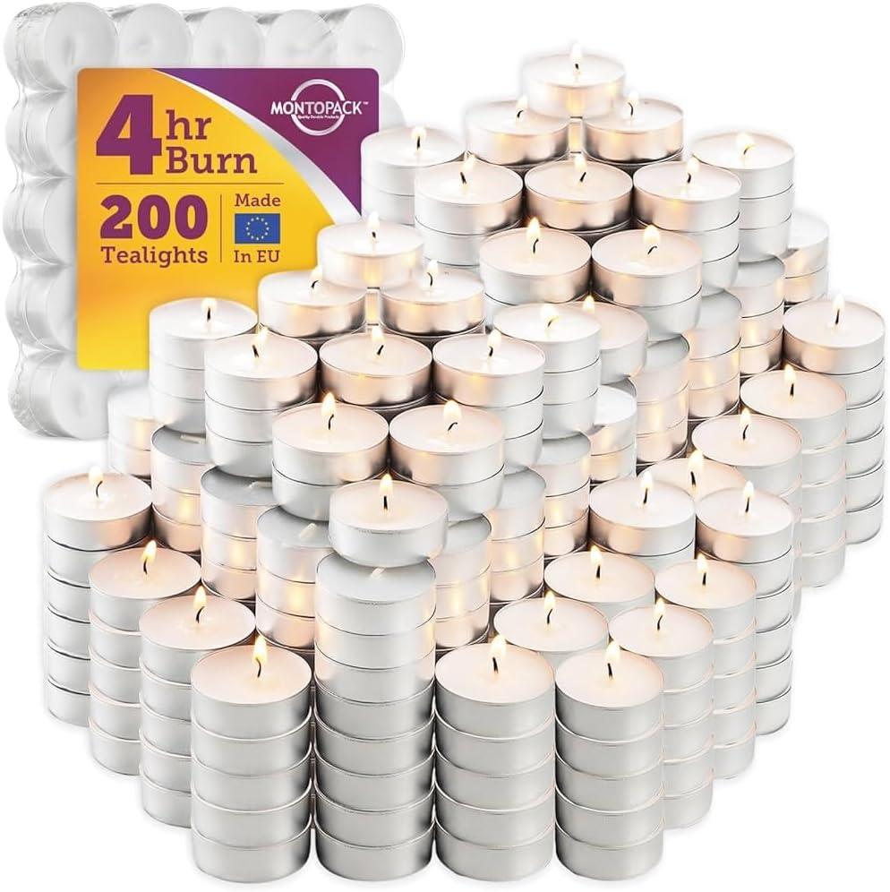 MontoPack Unscented Tea Light Candles 200 Pack | 4 Hours, White, Smokeless, Dripless Small Votive Paraffin Tealights | Long-Lasting for Home, Shabbat, Weddings, Events, Emergencies | Mini Candles Bulk