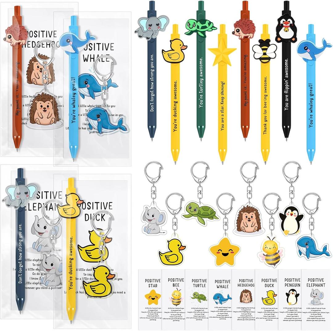 Landical 16 Sets Employee Appreciation Gifts Bulk,Back to School Gifts Positive Pens with Inspirational Keychain and Pun Cards Thank You Gift for Coworker Office Staff Team Student (Smart Animal)