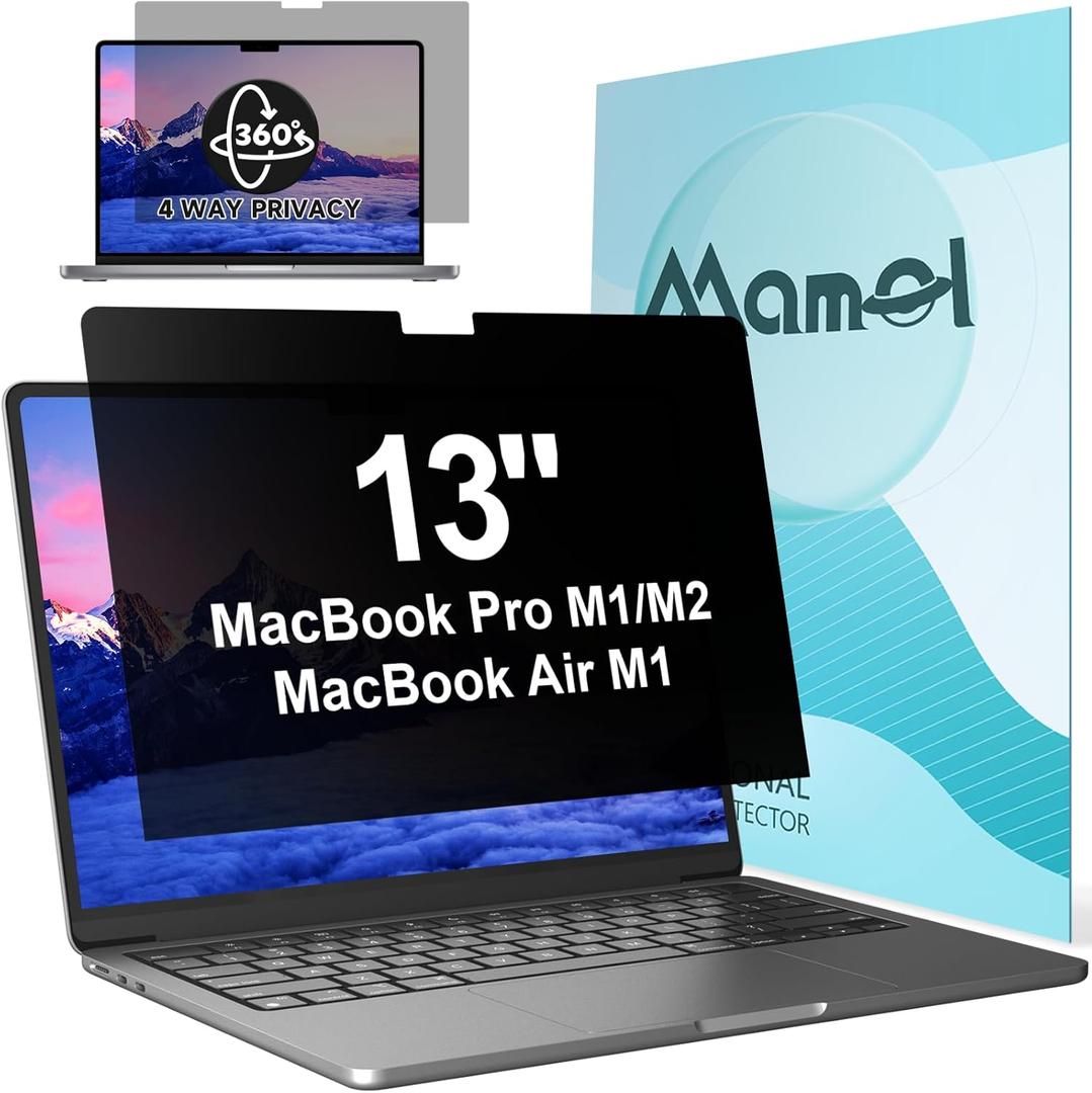360 Privacy Screen for Macbook Pro 13 Inch (2016-2022, M1, M2) & Air 13 inch (2018-2021, M1), Anti Glare Blue Light Filter, Nano No Glue Anti Spy Black Protector for Mac Pro 13In Laptop Computer