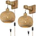 Bamboo Plug in Wall Sconces Set of Two, Hand Woven Boho Wall Lamp Plug in Cord Wall Sconces for Bedroom Living Room Farmhouse