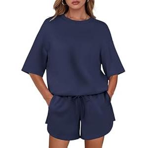 ANRABESS Two Piece Outfits Oversized Top Lounge Shorts Matching Sets 2025 Summer Fashion Sweatsuits Travel Airport Clothes Navy Blue Medium