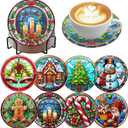 8 Pack Christmas Diamond Art Coasters Kit - Christmas Diamond Painting Coasters Kit Set with Holder Cork Pads, Diamond Art Kits for Adults Coaster, Gift for Handmade Lovers Non-Slip 3.9inch