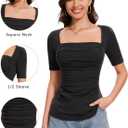 Amoretu Women's 2025 Ruched 1/2 Sleeve T-Shirts Square Neck Fitted Going Out Tops (Black, L)