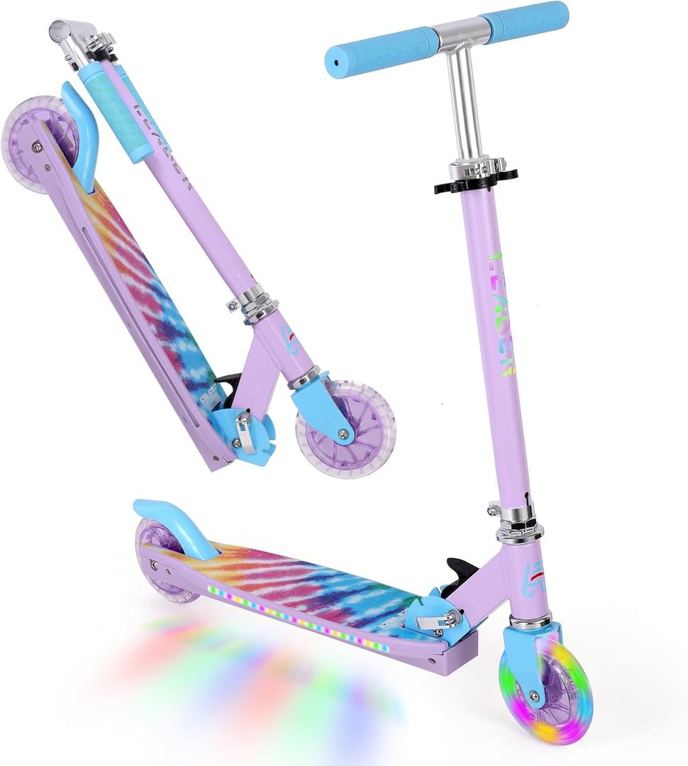 Scooters for Kids with Light-Up Wheels, Stem and Deck, Lightweight Foldable, 3 Adjustable Height Scooters for Kids 8-12, purple