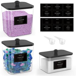 2+1 Pack Clear Laundry Pods Container & Dryer Sheet Holder, Plastic Square Laundry Room Organization and Storage Jars with Black Lids, Scoops & Labels for Detergent, Powder, Dryer Balls