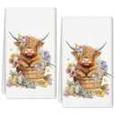 AnyDesign Easter Kitchen Towel 18 x 28 in Cute Highland Cow Floral Dishcloth Seasonal Spring Flower Cow Hand Drying Tea Towel for Holiday Cooking Baking Cleaning, 2Pcs
