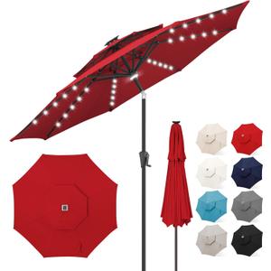 FLAME&SHADE 2 Tiers 9ft Solar Light Patio Umbrella, 40 LED lights outdoor umbrella with Centre Surround Light, Table Market Umbrella for Deck, Pool, Porch, Backyard, Garden (Red)