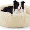 Bedsure Calming Dog Bed for Large Dogs - Donut Washable Large Pet Bed, Anti-Slip Round Fluffy Plush Faux Fur Dog Bed, Fits up to 80 lbs Pets, Ivory Beige, 36 inches