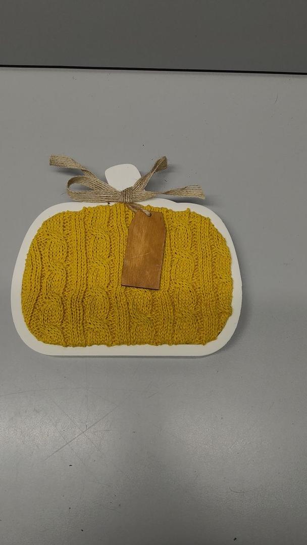 HH 6.6in Table Decor Pumpkin SweaterHoliday Home 6.7 in Wood Table Décor Pumpkin Sweater Yellow