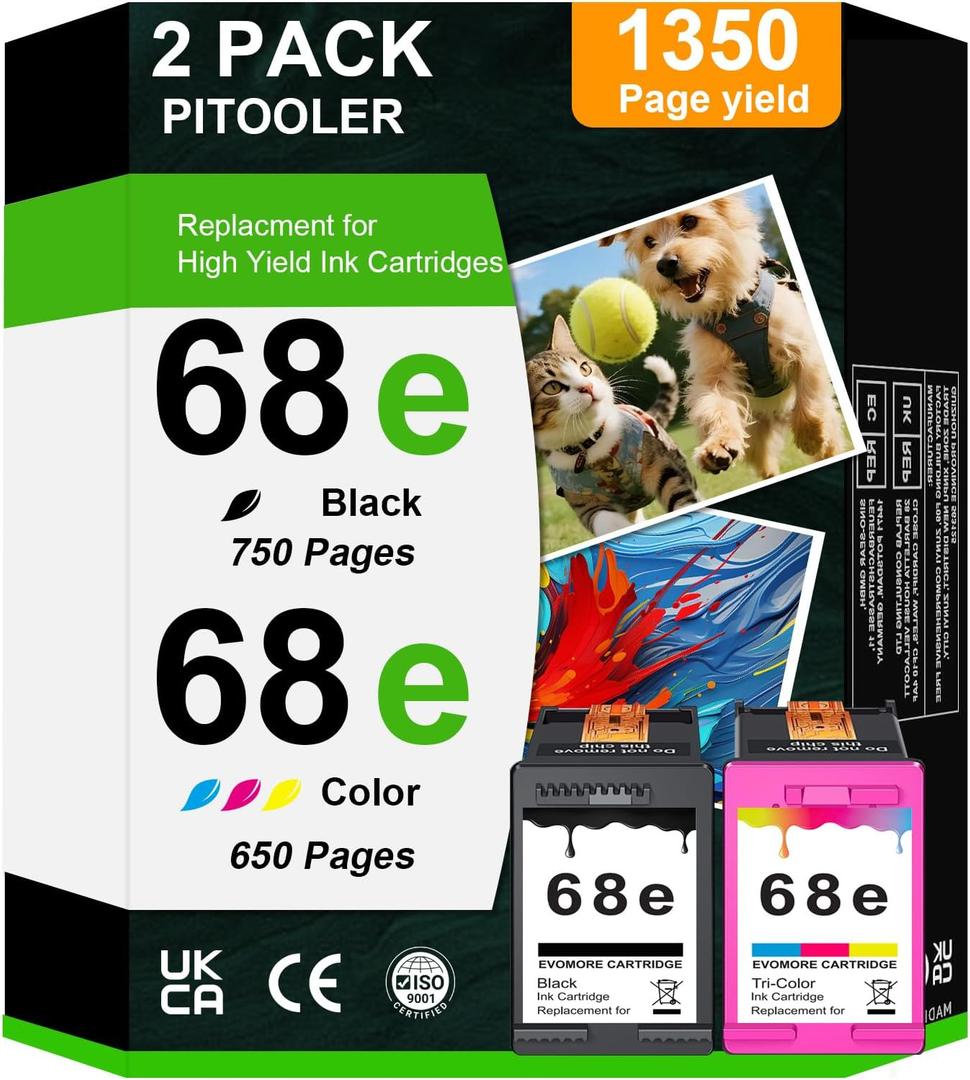 68XL Ink Cartridges Black and Color Combo Pack Replacement for HP Ink 68 68e for Envy 6100e 6500e Series Ink Works for Envy 6100e 6552e 6555e 6558e 6155e 6152e Printer (1 Black, 1 Color)