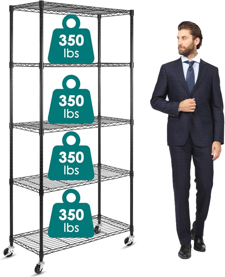 WDT 5-Shelf Shelving Units on Wheels Casters, Adjustable Heavy Duty Metal Shelf Wire Storage Rack for Home Office Garage Kitchen Bathroom Organization(16Wx36Dx75H), Black