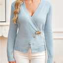 MakeMeChic Women's Metal Button Up Sweaters Cardigan Wrap V Neck Tie Back Long Sleeve Knit Tops (M)
