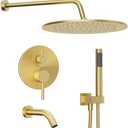 Gabrylly Brushed Gold Bathtub Shower Faucet Set with Tub Spout, 10 Inch Wall Mounted High Pressure Rainfall Shower Head with Handheld Combo, 3-Way Diverter Valve Complete Bathroom Shower Fixtures