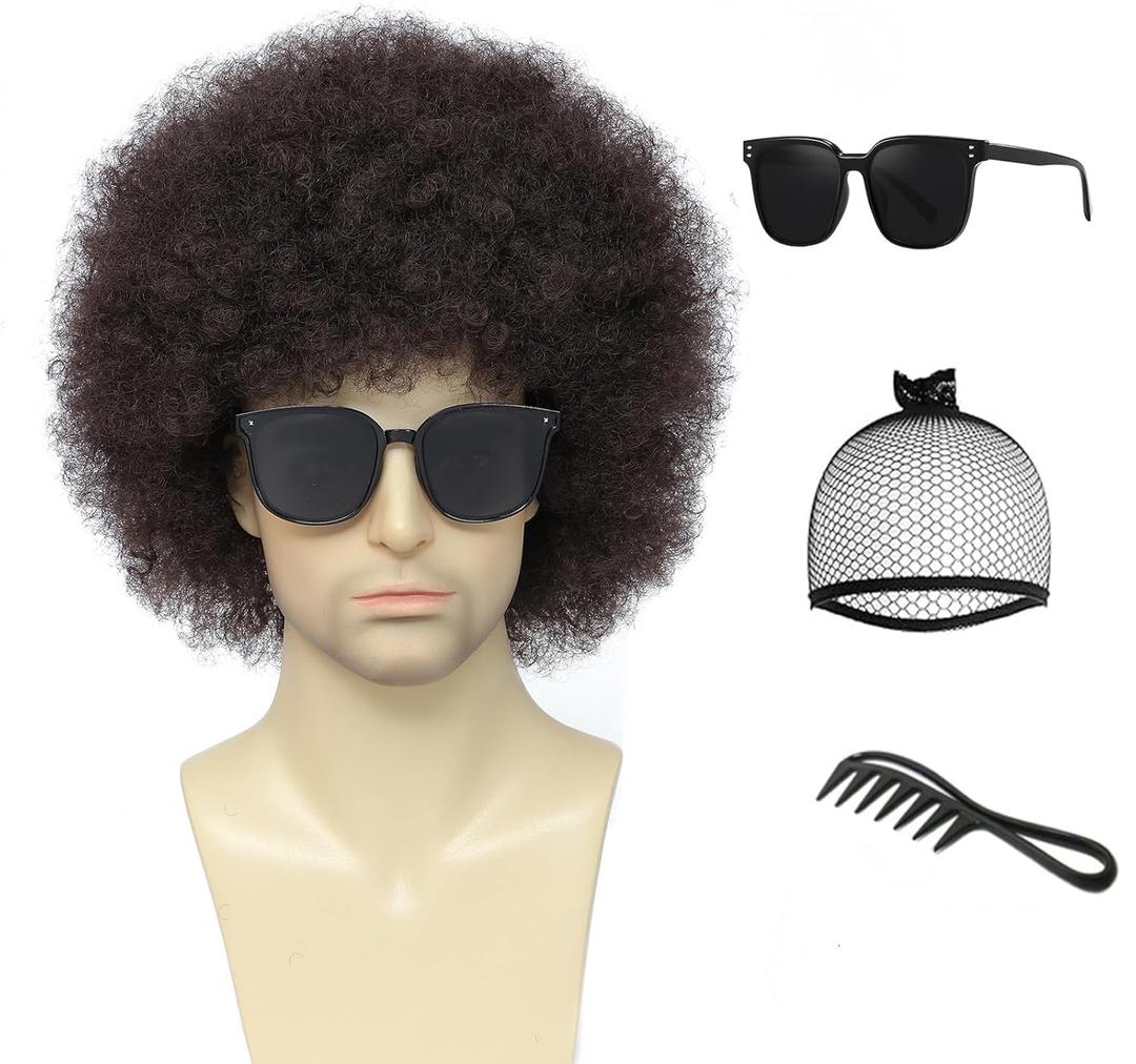 70s Disco Afro Wig - Unisex Large Curly Wig for Men & Women, Perfect for Halloween, Cosplay, Retro Party, Disco Costume (Dark Brown)