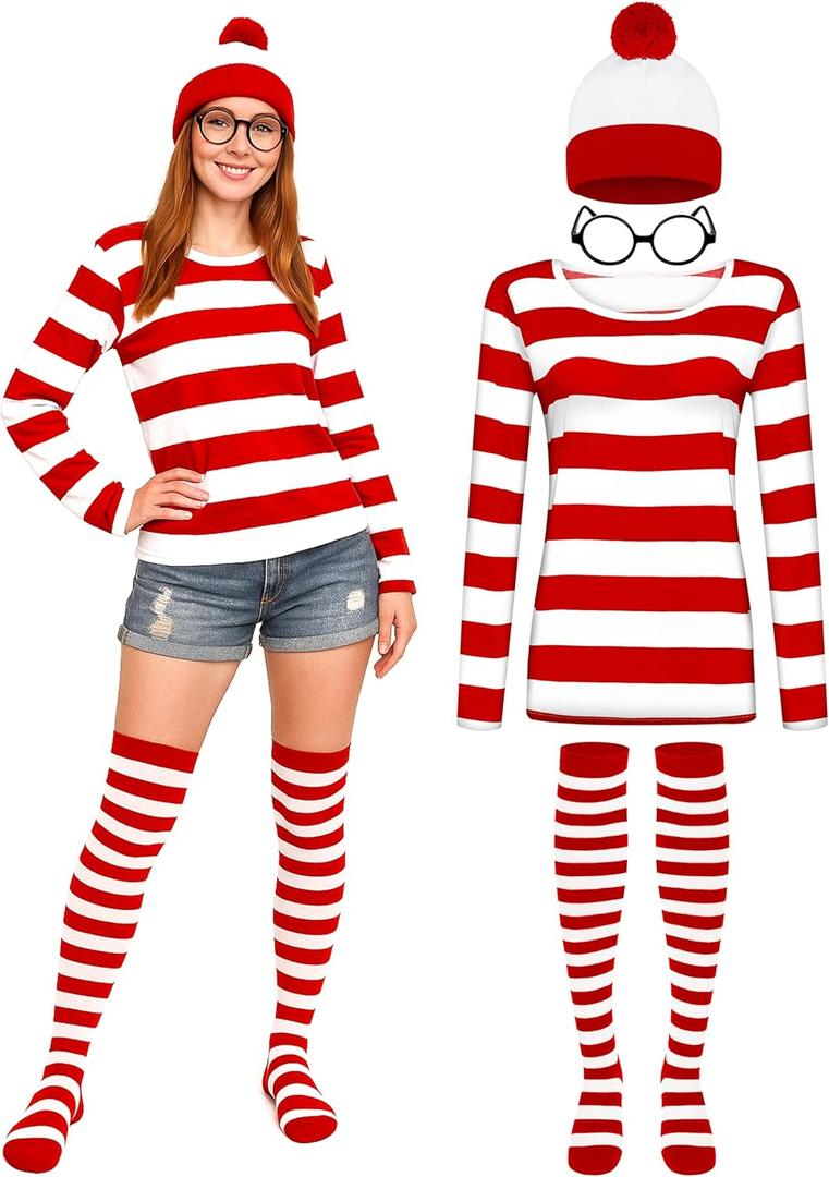 Halloween Costume Sets, Halloween Women Cosplay Red White Striped Shirt Beanie Cap Glasses Socks for Halloween Party (Red)