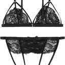 SOLY HUX Women's 2 Piece Lingerie Set Floral Lace Sexy Sheer Mesh Embroidered Garter Babydoll Wireless Bra and Panty Sets (Black, L)