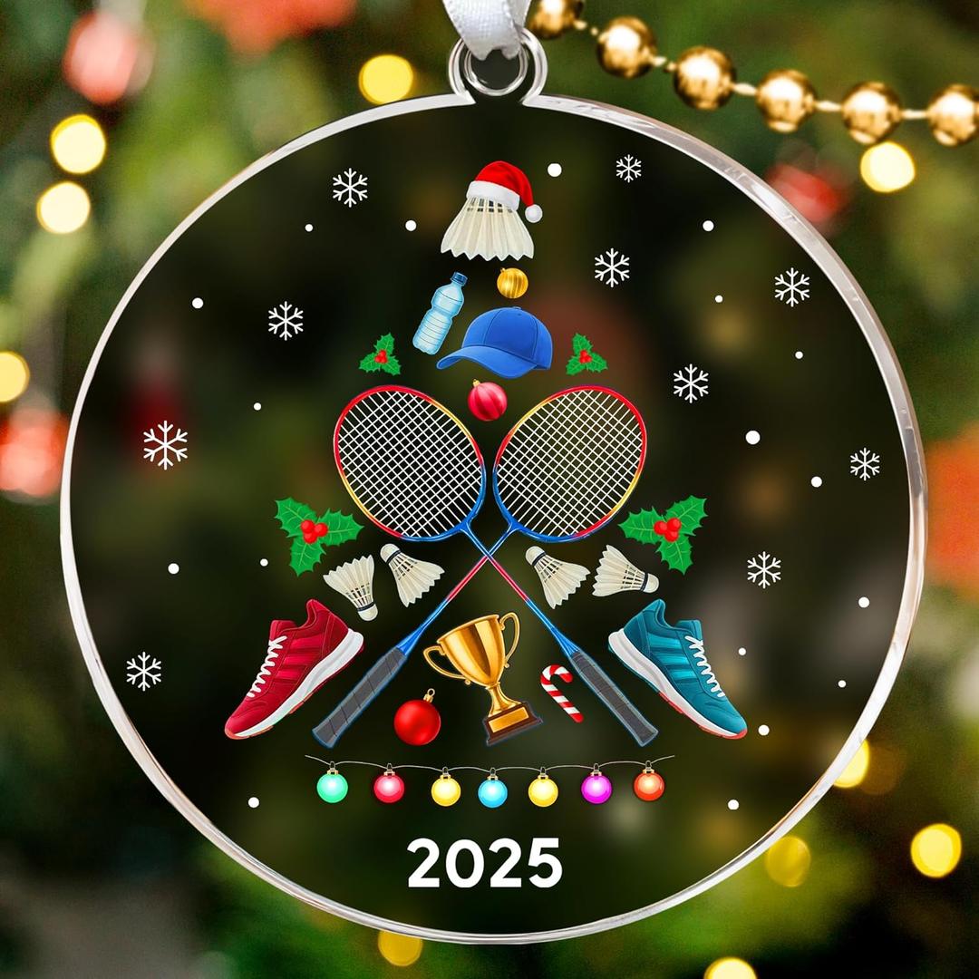 8 x HEXMOZ Badminton Christmas Ornaments 2025 - Cool Badminton Gifts for Boys, Girls - Sports Christmas Ornaments for Fans, Players, Coaches - Acrylic Holiday Ornaments, Gift Exchange Ideas