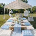 Extra Large Outdoor Picnic Blanket with Table Runner and Floor Pillow Cushion for Picnic Wedding Birthday Baby Shower Backyard Decor(91 x 71'',Light Blue,White,8 Pcs)