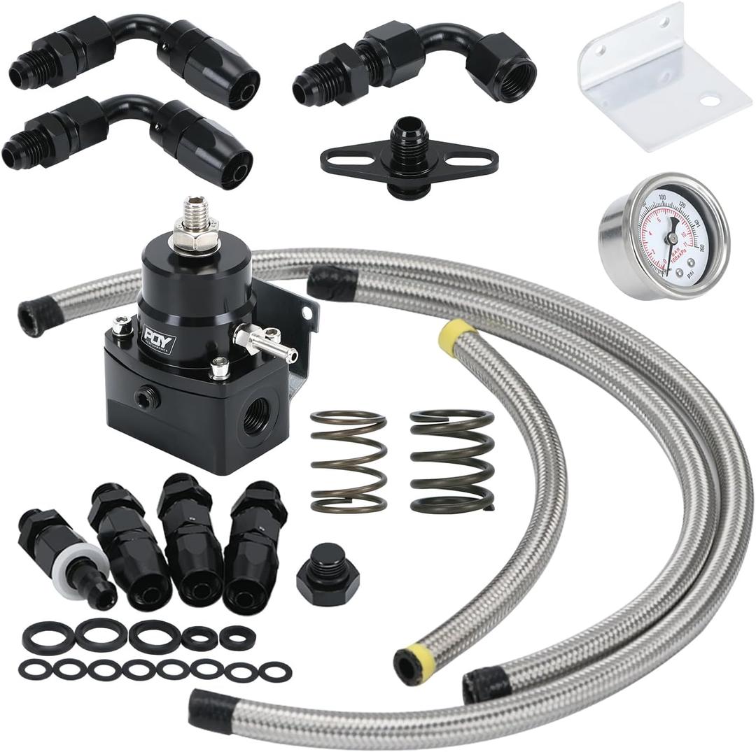 Adjustable Fuel Pressure Regulator Kit 3-70PSI With 6AN Return and 6AN feed Port with AN6-6AN Fuel Line Hoses Connectors (black)