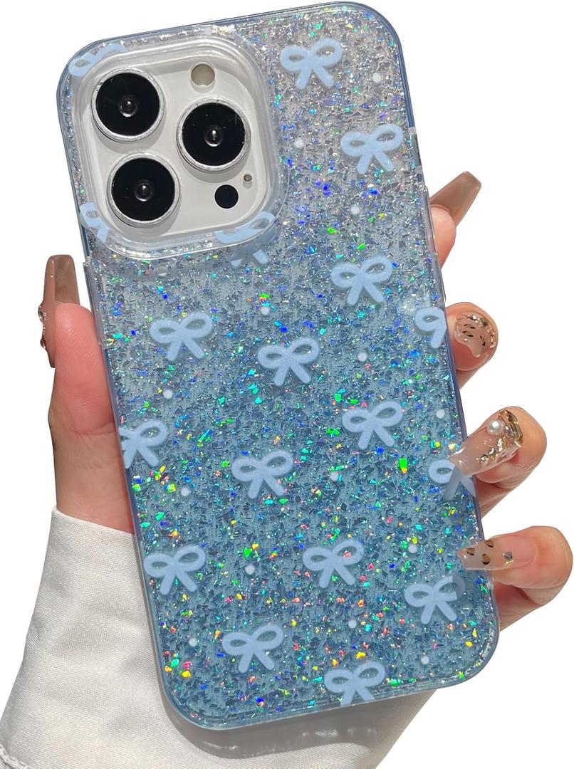 Compatible with iPhone 13 Pro Case, Cute Bow Pattern Gradient Bling Sparkly Aesthetic Transparent Shockproof Slim Durable TPU Phone Case for Women Girls - Blue