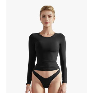 SUUKSESS Women Double Lined Fitted Basic T Shirts Crew Neck Long Sleeve Crop Top XL