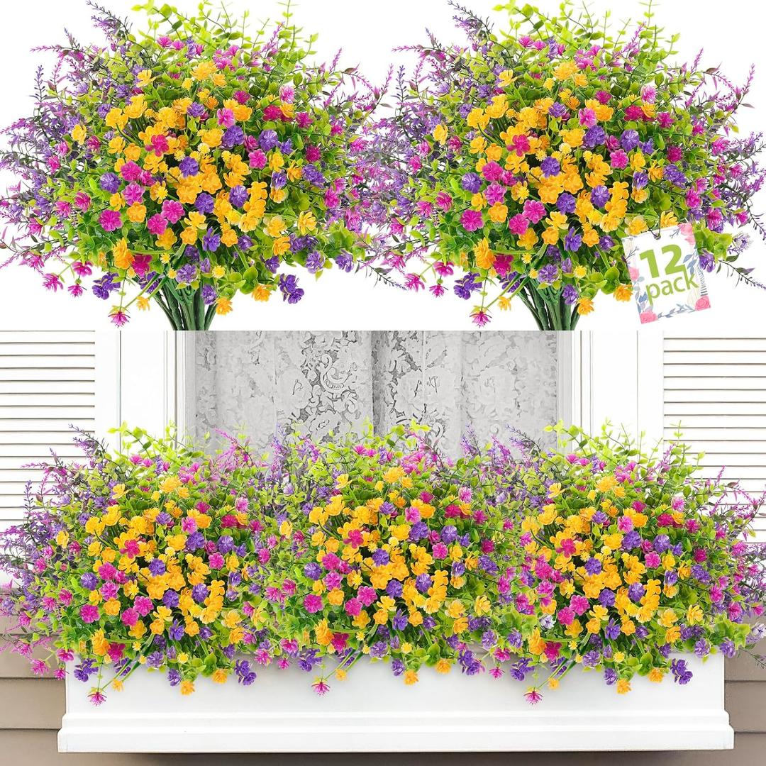 ATTGREAT Artificial Spring Flowers Outdoors UV Resistant Fake Greenery Plants Realistic Plastic Flowers Outside Faux Silk Wildflowers for Home Planter Porch Garden Decor, 12 Bundles (Multicolor)