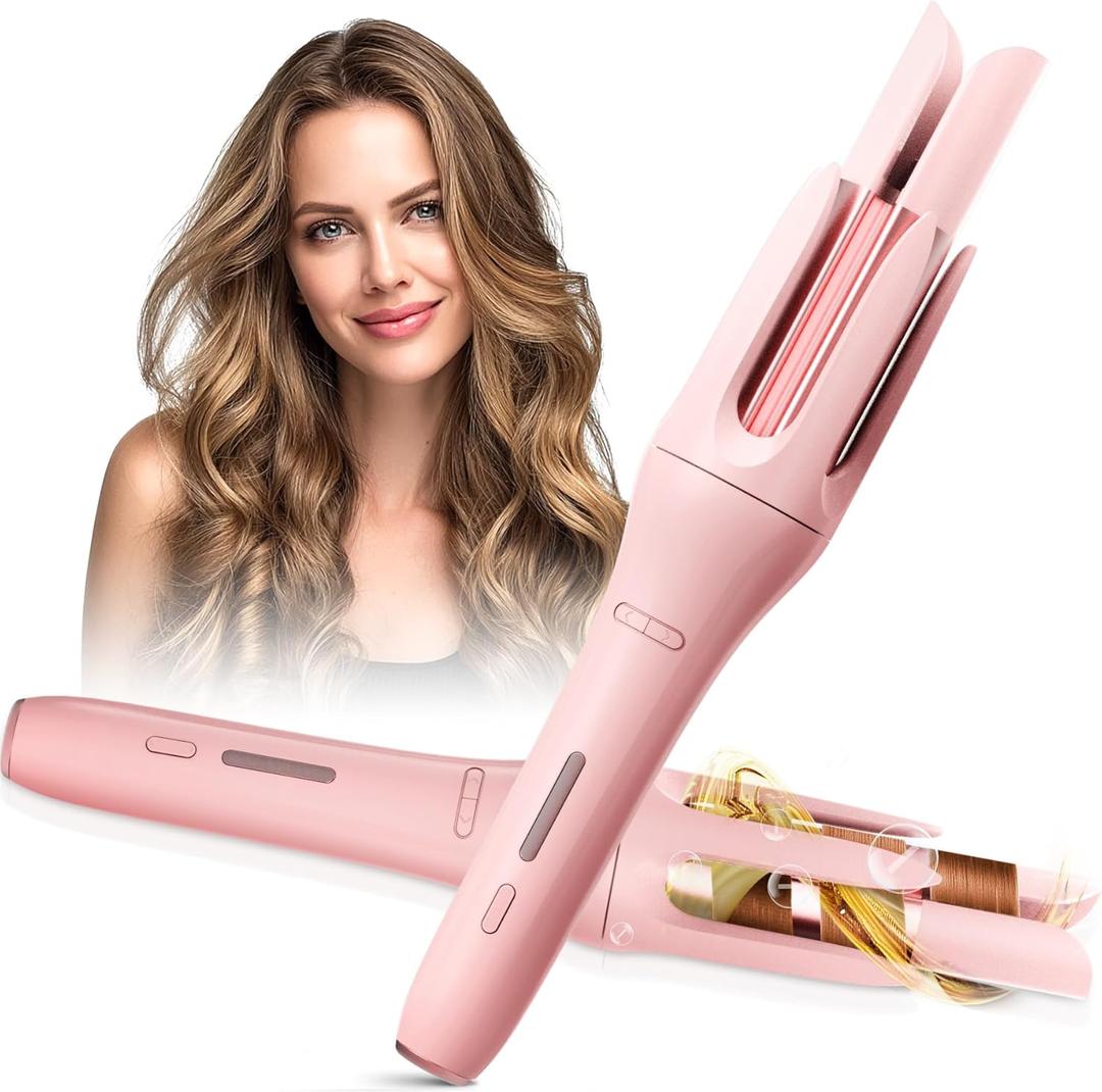 Automatic Rotating Curling Iron with 3 Temperature Fast Heating, Auto Hair Curler with Timer Settings, Anti-Tangle, Automatic Shut-Off and Scalding for Hair Styling, Pink