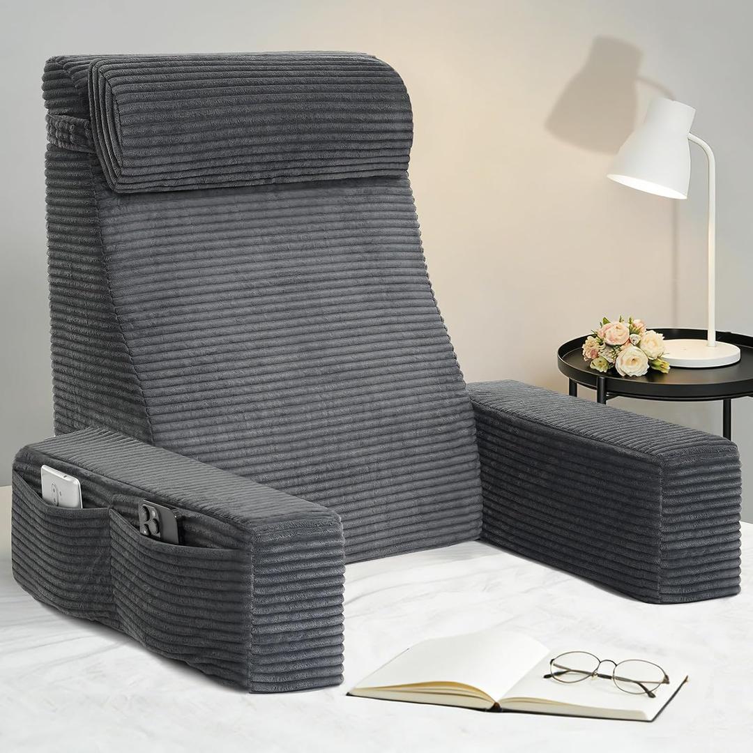 Seniny Reading Pillow for Bed Adult - 24" Back Support Pillow for Sitting Up Rest, Husband Bed Chair and Backrest Pillow with Arms, Lounge Sit Up Pillows for Dorm, Corner, Couch, Study, Watching TV
