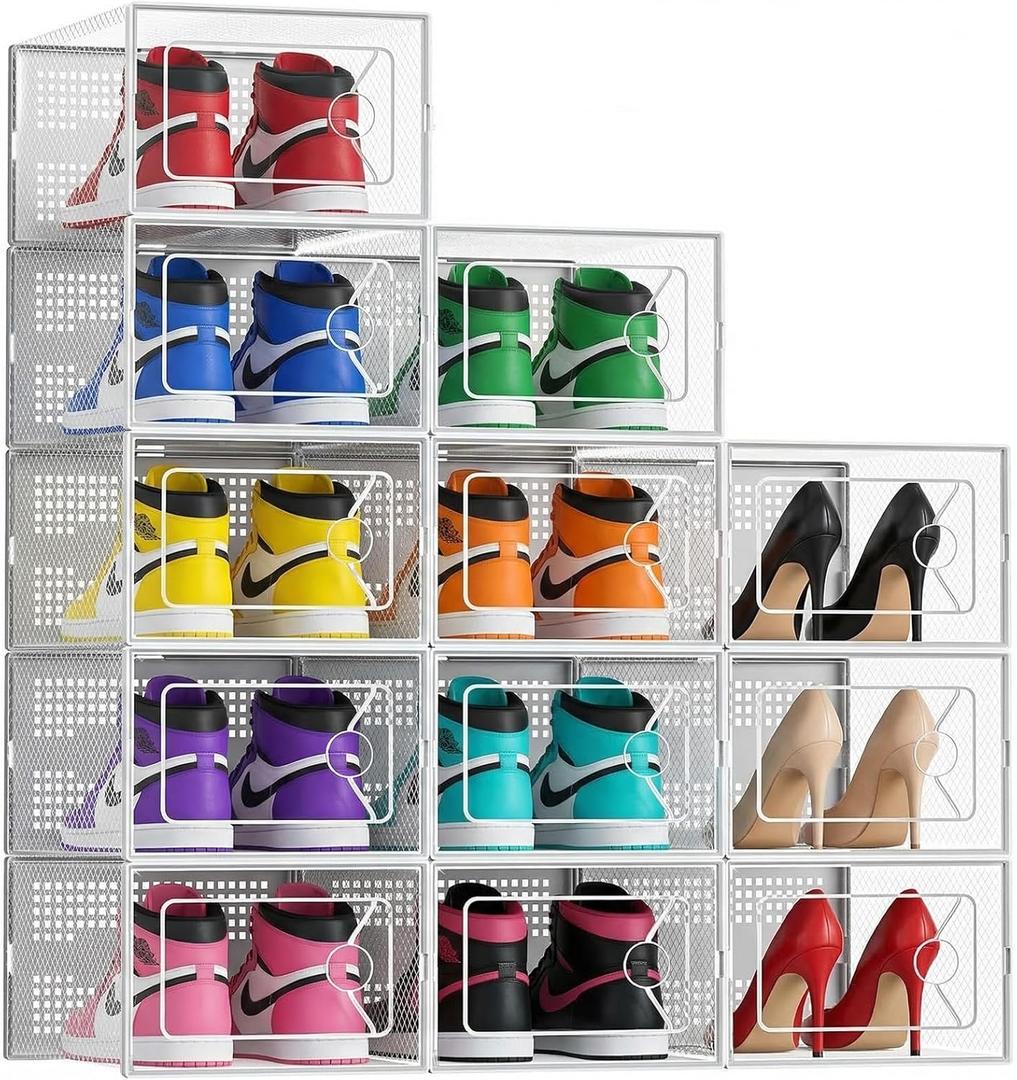 DUMOS Stackable Shoe Storage Boxes, 12-Pack Plastic Shoe Organizers with Lids, Large Shoe Rack & Holder for Closet, Under Bed, Entryway, Sneaker Display and Storage Containers, White