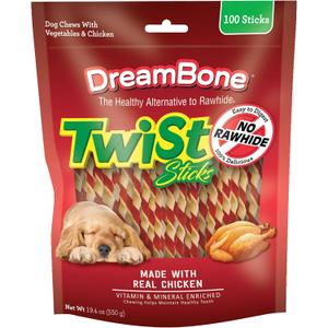 Dreambone Twist Sticks Rawhide Free Dog Chews, Made with Real Chicken, 100 Count (Pack of 1) (EXP 03/25/29)