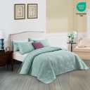 CHIXIN Botanical Cotton Quilt Queen Size - Real Stitching Leaf Pattern - Quilted Bedspread Coverlet Set, Ultra Soft, Lightweight, Reversible, 3 Piece, Light Green