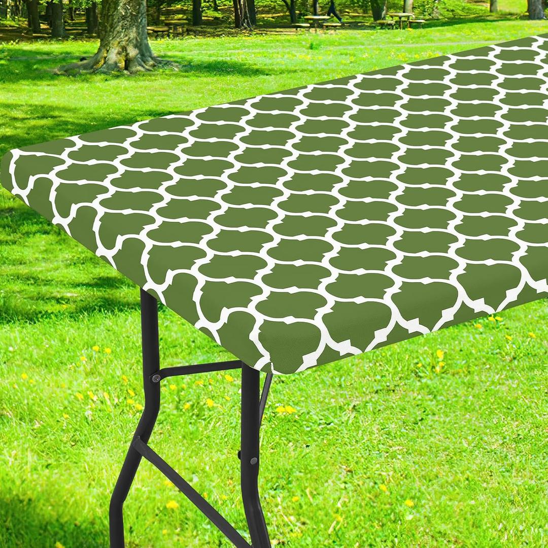 Smiry Rectangle Picnic Table Cover, Waterproof Elastic Fitted Camping Tablecloths for 8 Foot Tables, Wipeable Flannel Backed Vinyl Tablecloth Protector for Indoor, Outdoor (Green, 30x96 Inches)