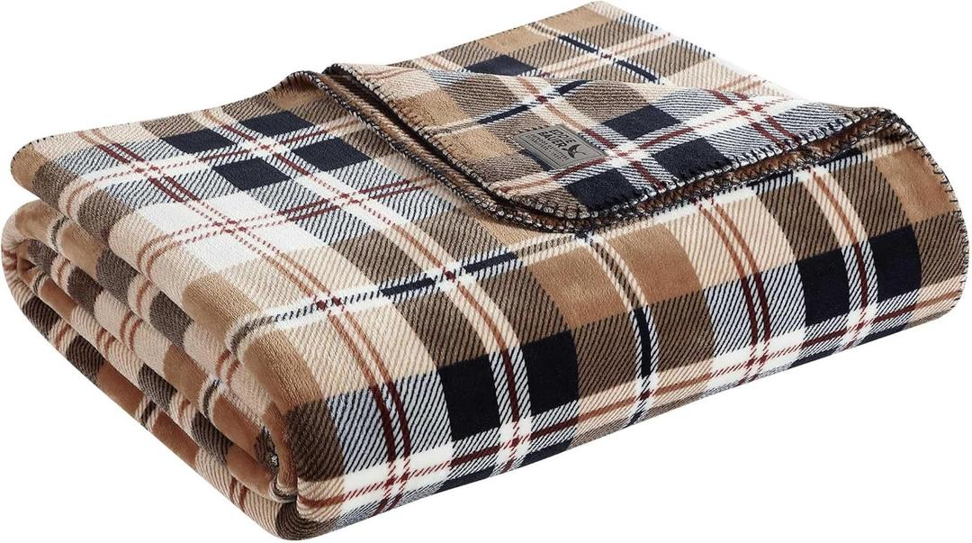 Eddie Bauer - Queen Size Blanket, Ultra-Soft Plush & Reversible Plaid Bedding, Throw Blanket for Couch or Bed (Trailhead Plaid Beige)