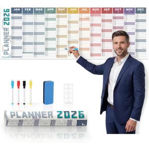 2026 Wall Planner Large 47.2"x16.5"  Double-Sided Laminated Year Calendar with Rolled Packaging, No-Crease Design, 8 Stickers  Home Office Wall Organiser, Business Colours