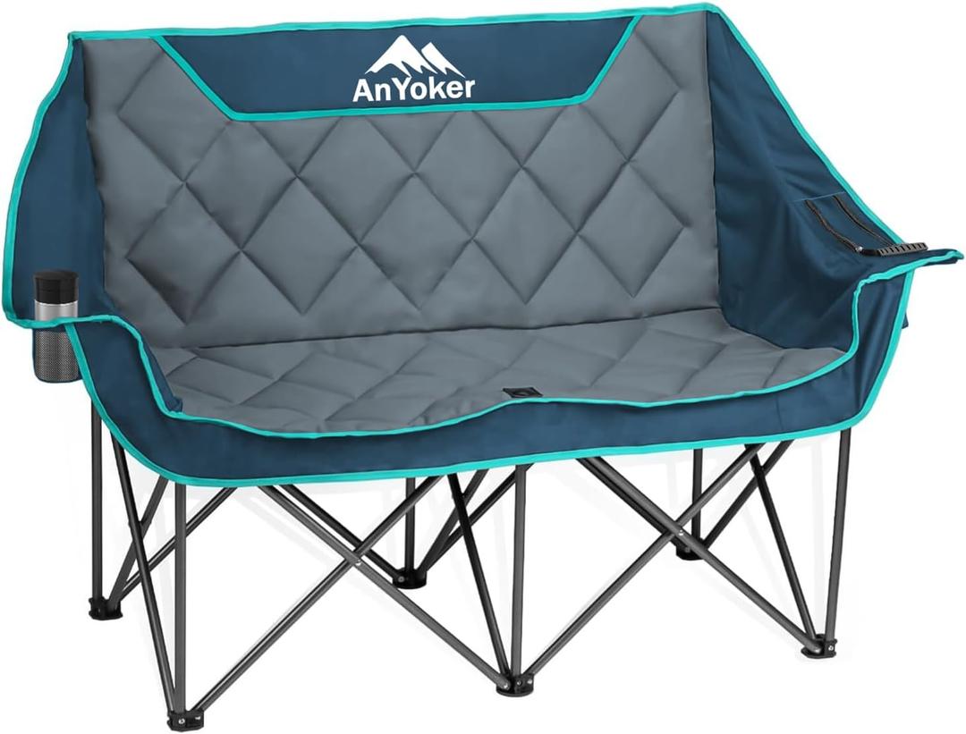 Camping Oversized Folding Chair, Fully Padded Loveseat for 2 Person Portable Double Seat Camp Beach Arm Chair with Cup Holder and Cooler Pouch Camping Couch with Carry BagBlue-Grey