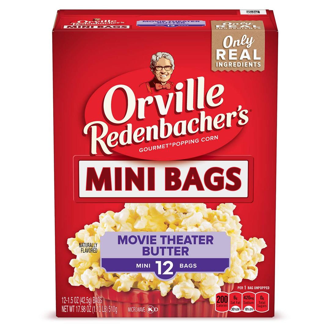 Orville Redenbachers Microwave Popcorn Mini Bags, Movie Theater Butter Flavor, 3g Fiber Per Serving, Movie Night Supplies, 1.5 oz., 12-Count (6 Boxes) Best By Aug. 15, 2026