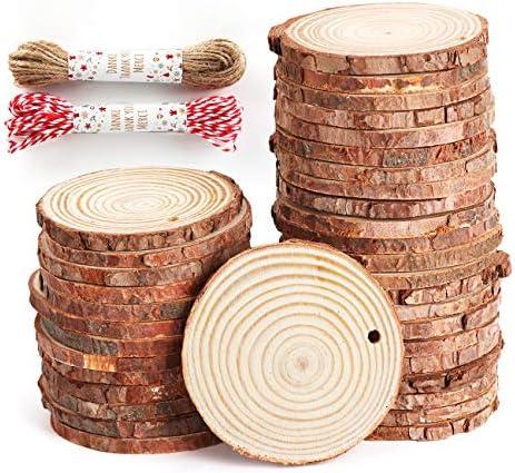 50Pcs Wood Slices 2.4"-2.8" Unfinished Wood Rounds with Pre-drilled Hole and 66Feet Twine String, Natural Wood for Crafts for Home Decor Painting DIY Christmas Ornaments Party Wedding Decor