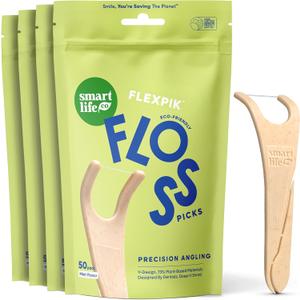 SmartLifeco Eco-Friendly Angled Dental Floss Picks (200ct) - Made with Straw Wheat Blend, Superior Anti-Shred Thread for Molars & Back Teeth, Tooth Pick Stick for Adults, Soft on Gums, Vegan, Mint