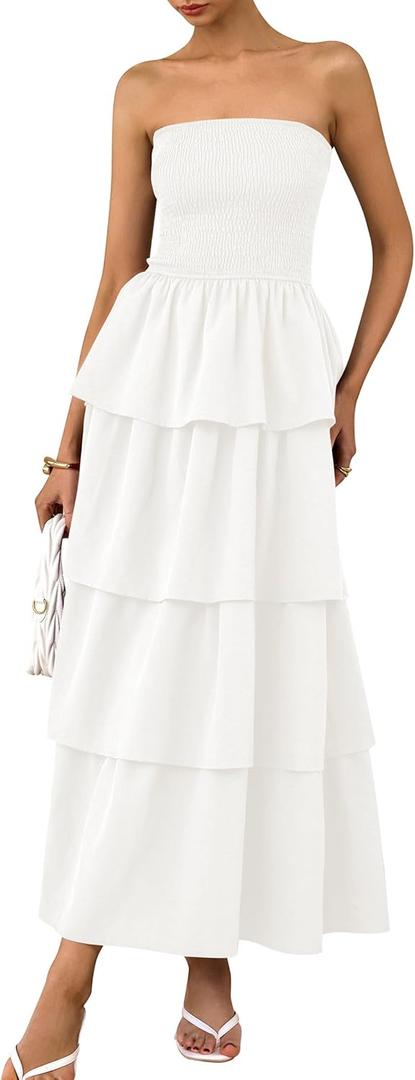 PRETTYGARDEN Women's Maxi Dress 2025 Summer Off Shoulder Smocked Tiered Ruffle Long Flowy Dresses Casual Beach Sundress (White, Large)