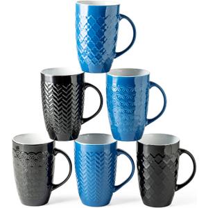 AmorArc Large Coffee Mugs Set of 6, 20oz Ceramic Tall Coffee Mugs Set with Textured Geometric Patterns for Latte/Tea/Beer/Hot Cocoa, Dishwasher & Microwave Safe, Multi (Black&Blue)
