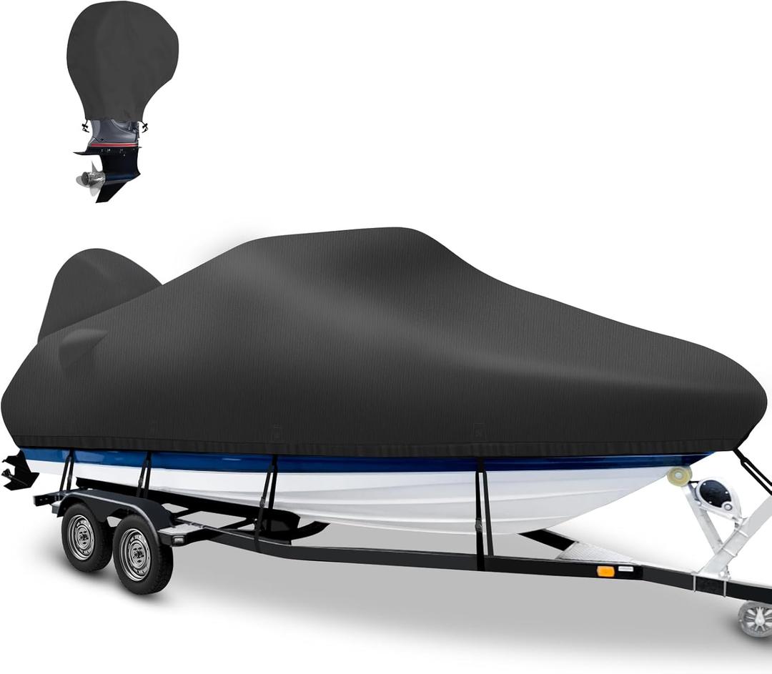 1200D Waterproof Boat Cover with Motor Cover, Solution-Dye Marine Canvas Trailerable Boat Cover 20-22ft for 20 feet 21ft 22' Foot V-Hull Bass Boat Tri-Hull Runabout Boat,Deep Black (Length: 20'-22', Beam Width: up to 102")