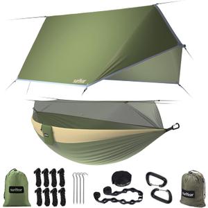 Sunyear Camping Hammock, Portable Single & Double Hammock with Net, 2 Person Hammock Tent with 2 * 10ft Straps, Best for Outdoor Hiking Survival Travel (Usa Green Bundle)